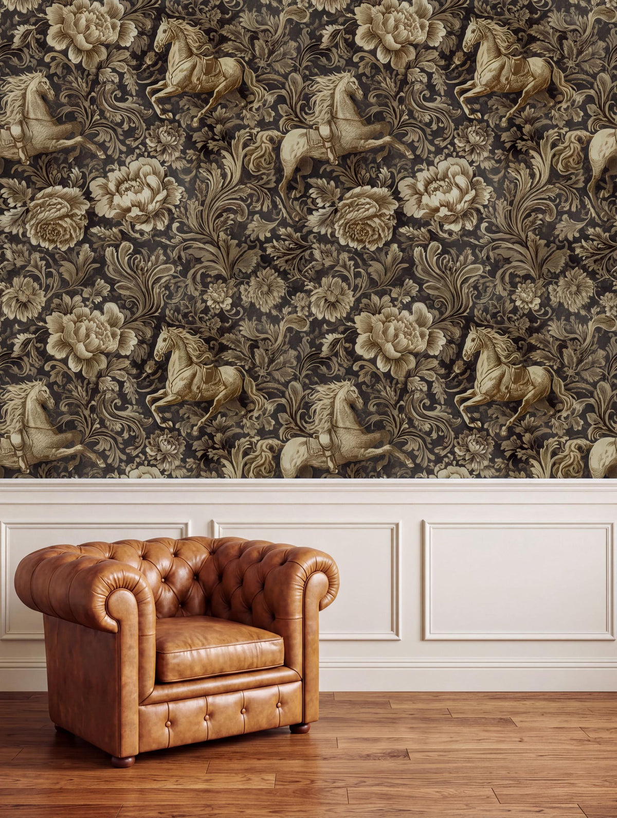 a brown leather armchair positioned in front of a wall with a floral wallpaper pattern.