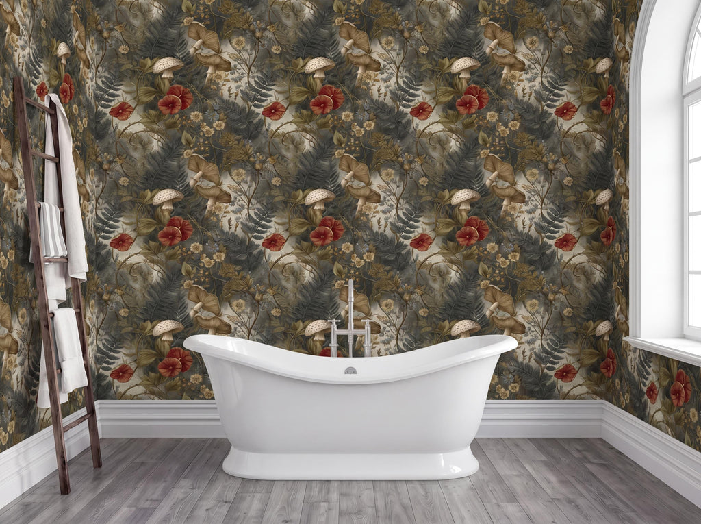 a bathroom with a white freestanding bathtub in the center, surrounded by a floral wallpaper with red flowers and green foliage. A wooden ladder is leaning against the wall next to the bathtub.