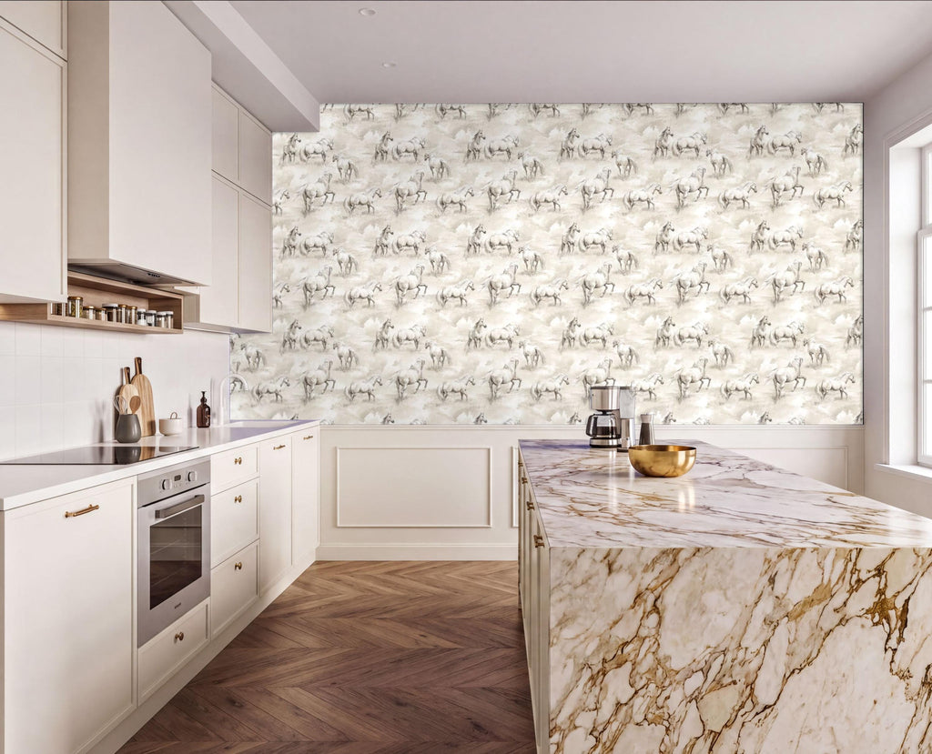 a modern kitchen with a marble countertop and white cabinets. The kitchen features a large wallpapered wall with a repeating pattern of horses.