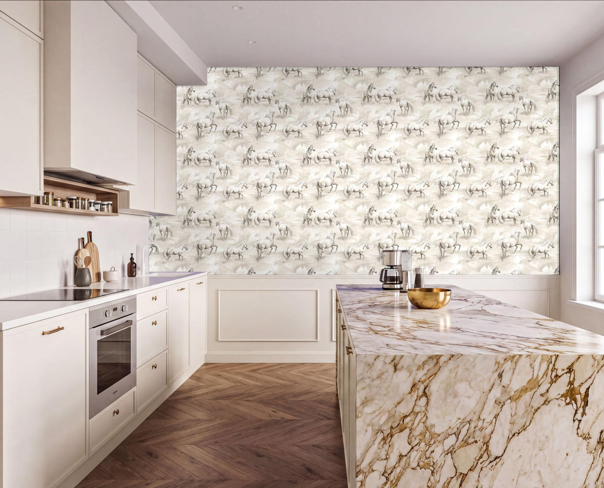 a modern kitchen with a marble countertop and white cabinets. The kitchen features a large wallpapered wall with a repeating pattern of horses.