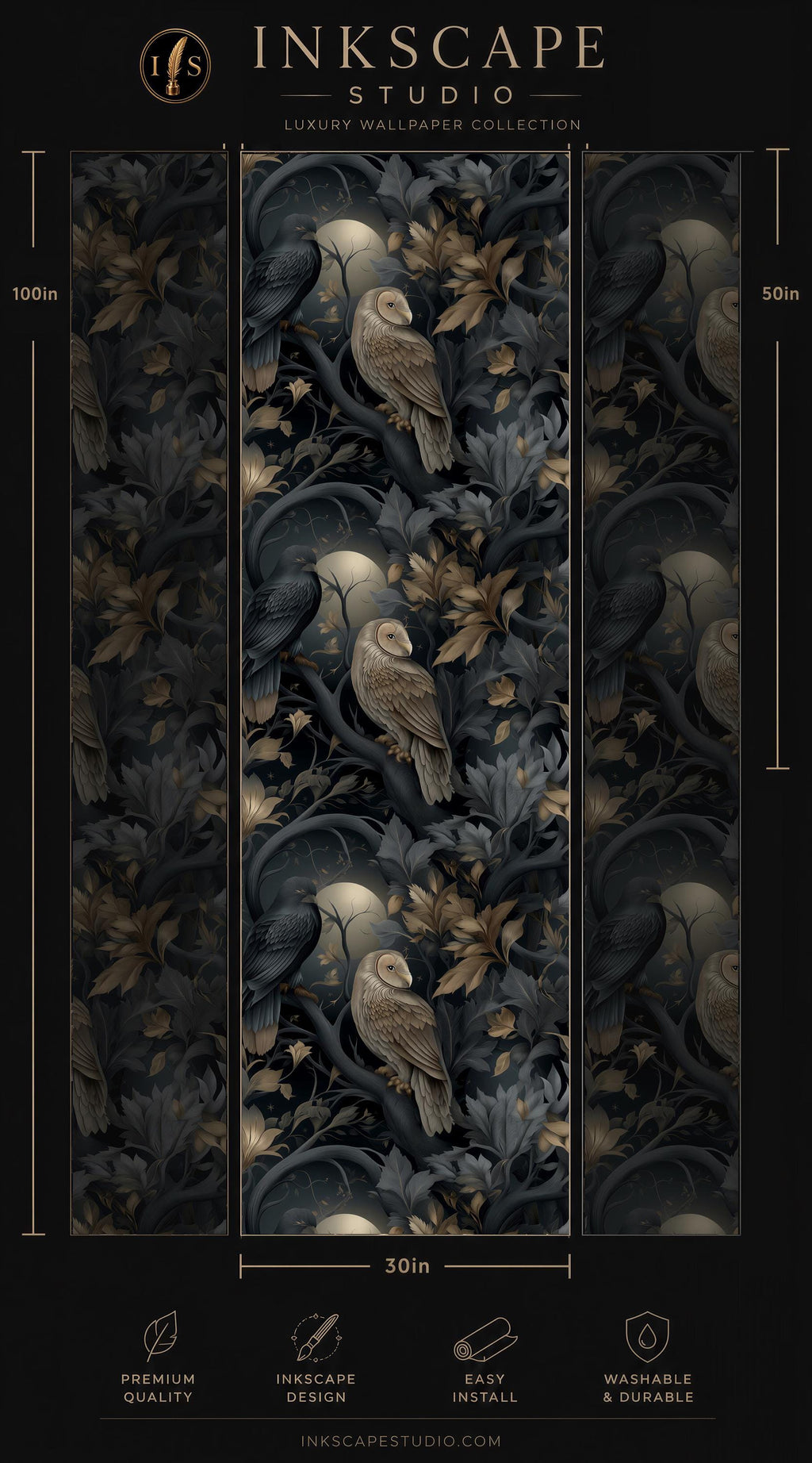 The image is a collage of three panels featuring a detailed illustration of a bird, likely an owl, surrounded by a lush, dark forest environment. The bird is perched on a branch, with its wings spread wide. The background is filled with various shades of green and brown, creating a sense of depth and complexity. The image is described as a luxury wallpaper collection, suggesting it is a high-quality, visually striking design.