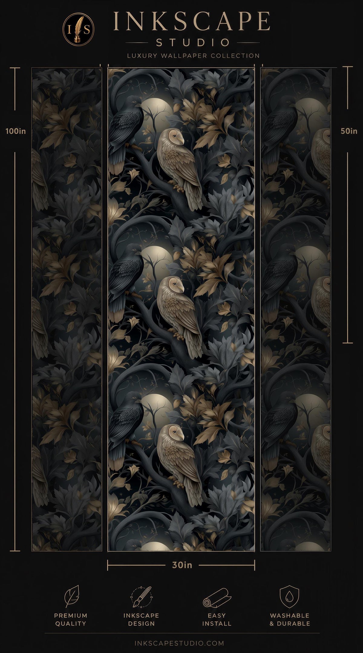 The image is a collage of three panels featuring a detailed illustration of a bird, likely an owl, surrounded by a lush, dark forest environment. The bird is perched on a branch, with its wings spread wide. The background is filled with various shades of green and brown, creating a sense of depth and complexity. The image is described as a luxury wallpaper collection, suggesting it is a high-quality, visually striking design.