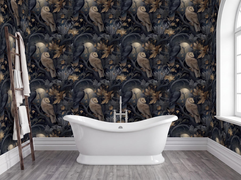 a luxurious bathroom with a white freestanding bathtub, a dark, ornate wallpaper with a repeating pattern of owls and flowers, and a wooden ladder leaning against the wall.