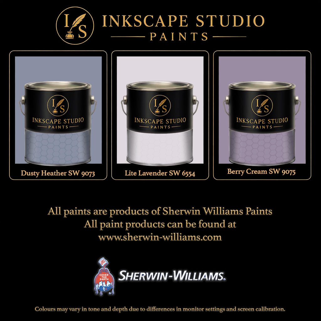 The image is an advertisement for Sherwin Williams paints, featuring three different paint color samples from the Inkscape Studio.