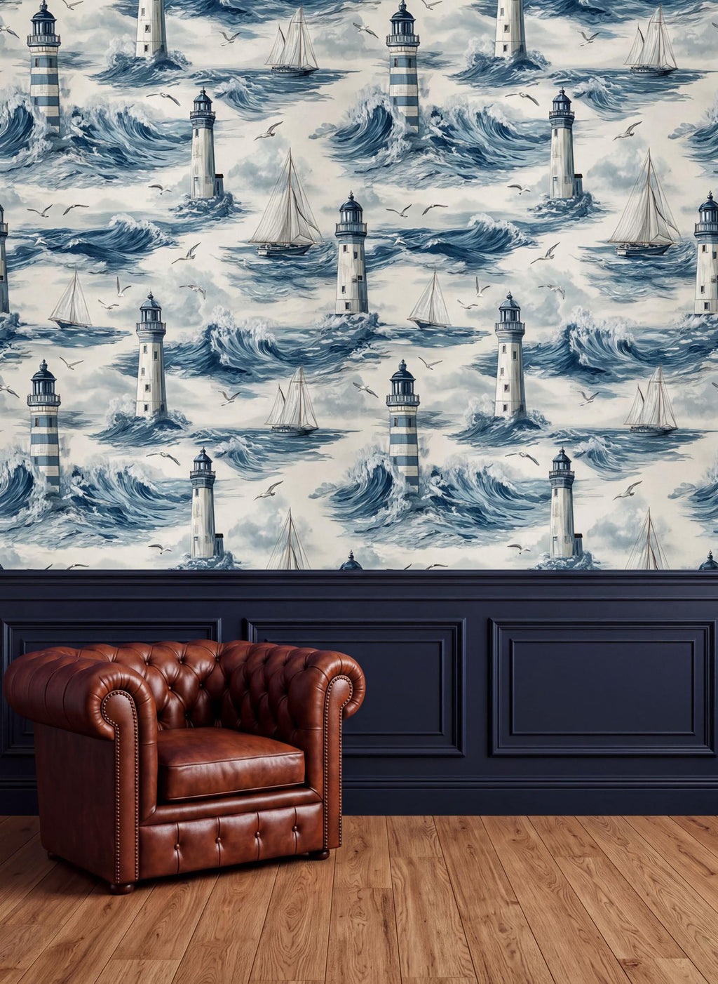 a dark blue wall with a repeating pattern of white and blue lighthouse designs, along with white sailboats and waves. In the foreground, there is a brown leather armchair, and the floor is made of wood.