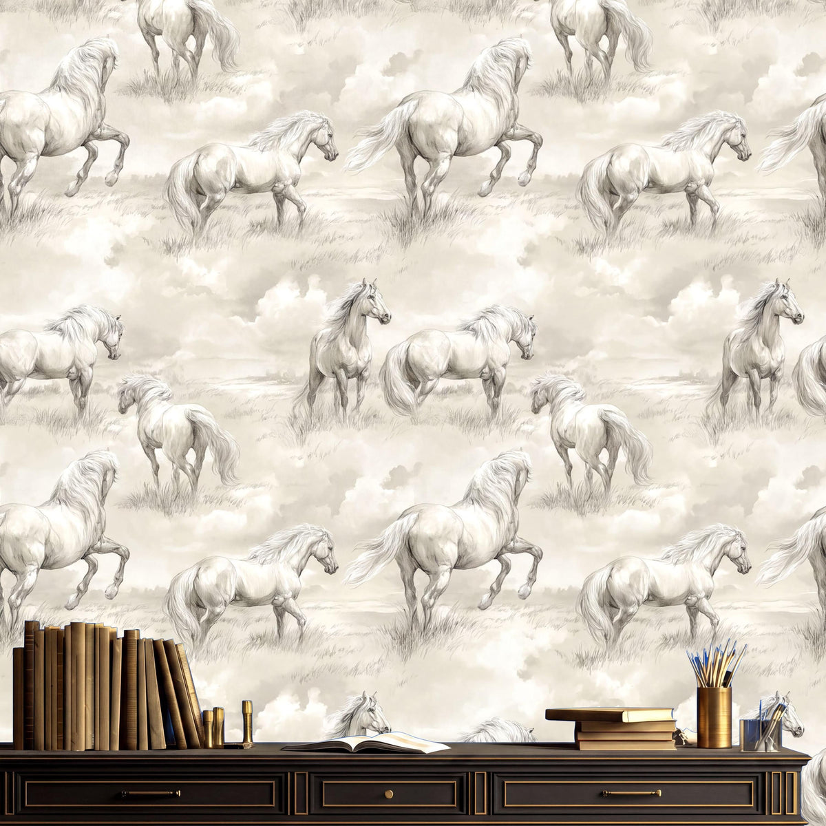 a wallpaper pattern of horses running in a field, with a bookshelf and various items in the foreground.