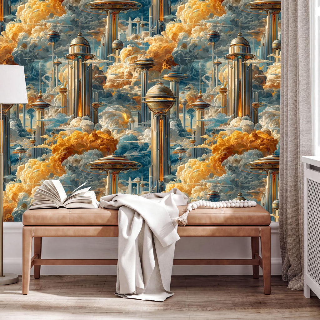 a large, colorful mural depicting a futuristic cityscape with floating structures and clouds in shades of orange, blue, and yellow. In the foreground, there is a wooden bench with an open book and a white blanket draped over it.