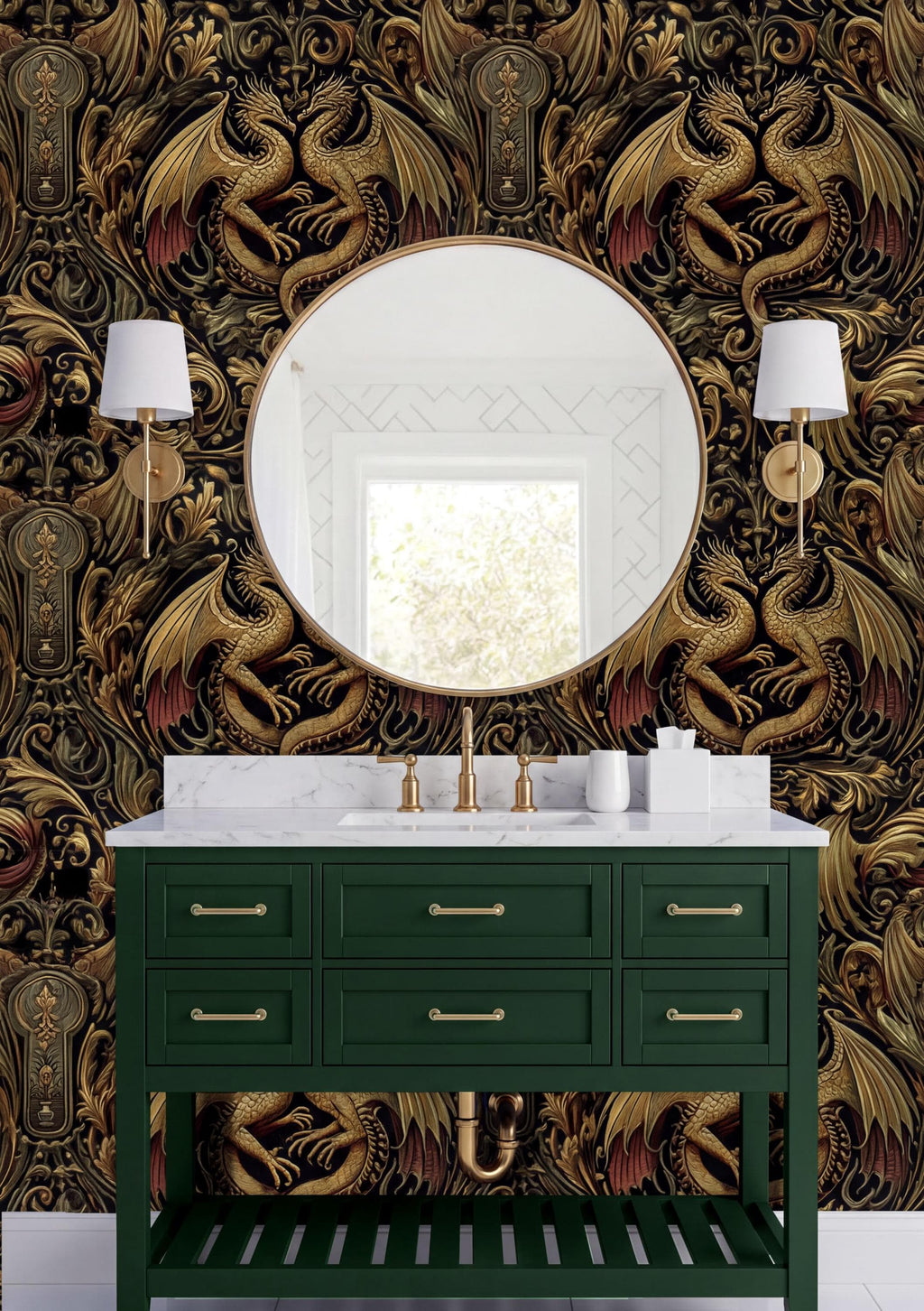 a bathroom vanity with a green cabinet and a round mirror above it, set against a wall with a gold dragon wallpaper.