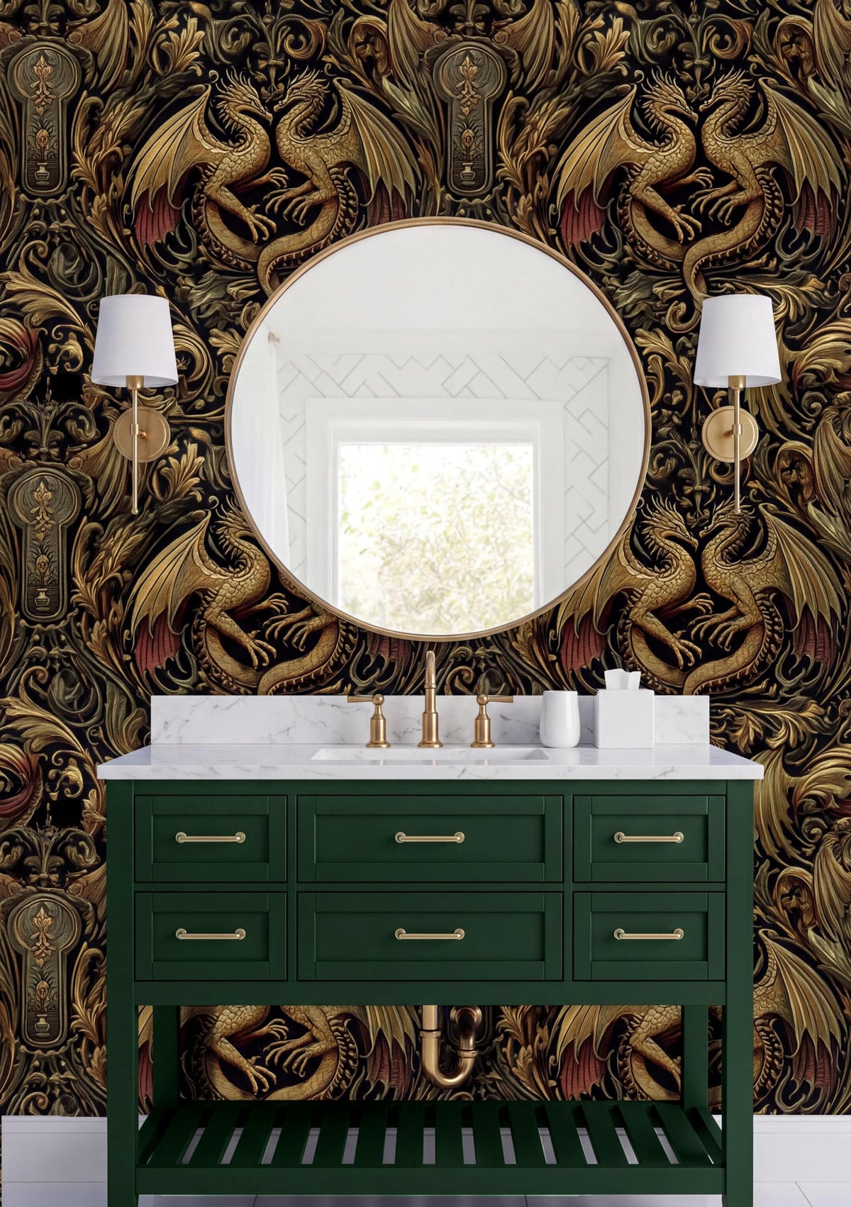 a bathroom vanity with a green cabinet and a round mirror above it, set against a wall with a gold dragon wallpaper.