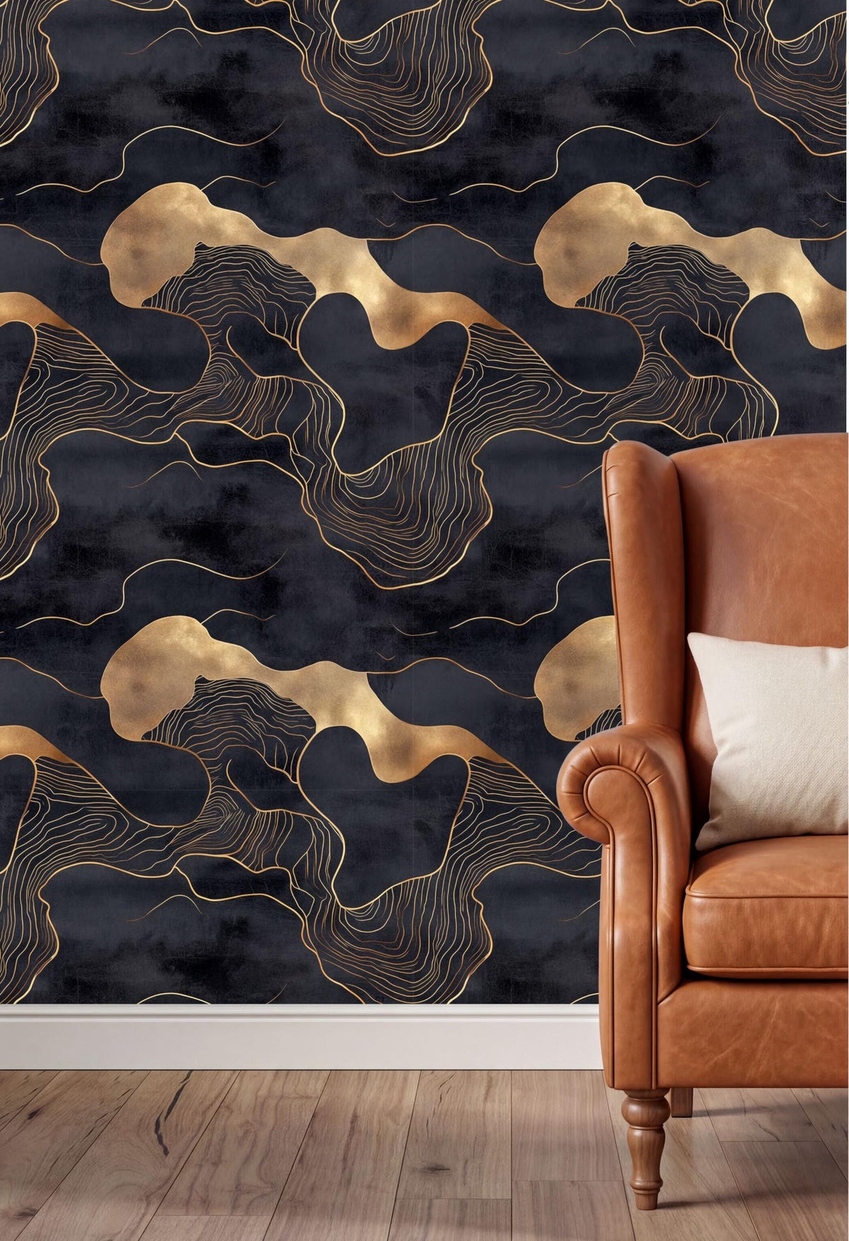 a dark, abstract wallpaper with a gold-colored wave pattern, creating a striking contrast against the dark background. In the foreground, there is a brown leather armchair with a white pillow on it, positioned against the wall.