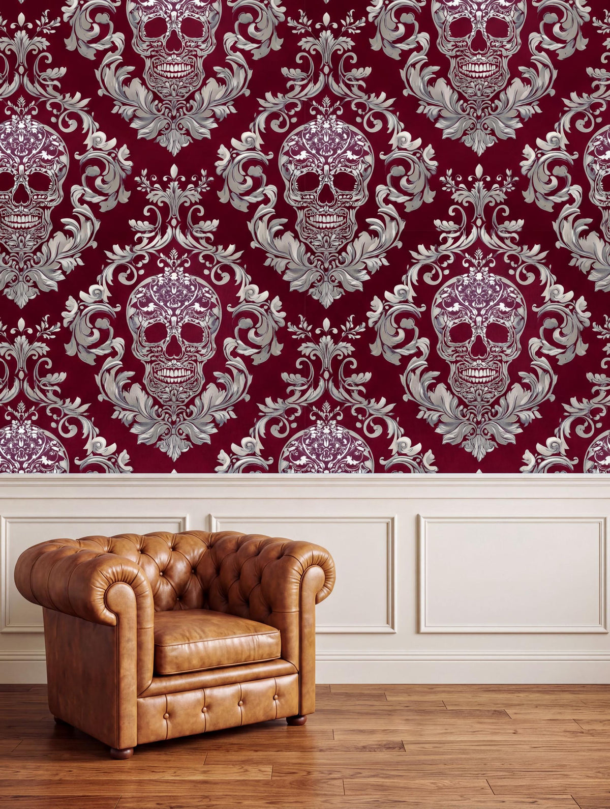 a brown leather armchair positioned in front of a wall with a repeating pattern of red and white skull designs.