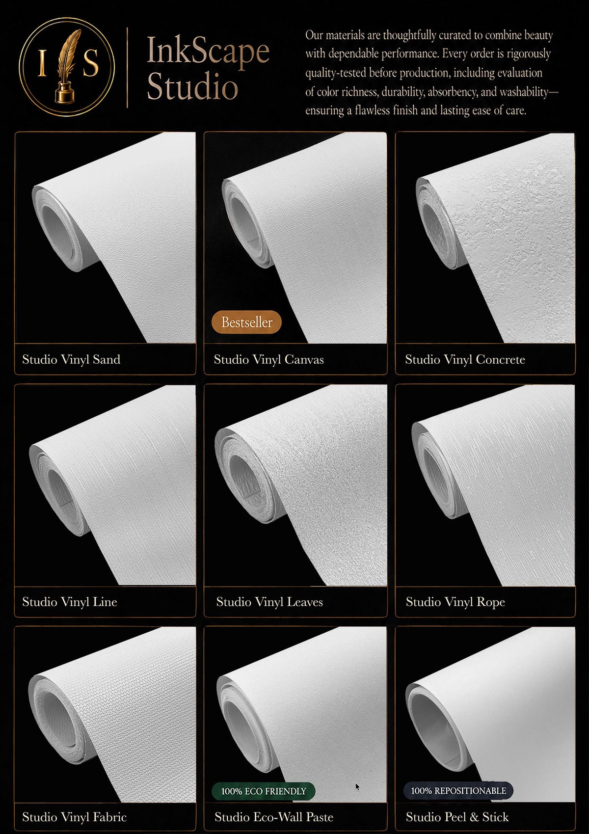 a variety of white paper products, including studio vinyl, canvas, concrete, line, leaves, rope, and fabric, arranged in a grid-like pattern.