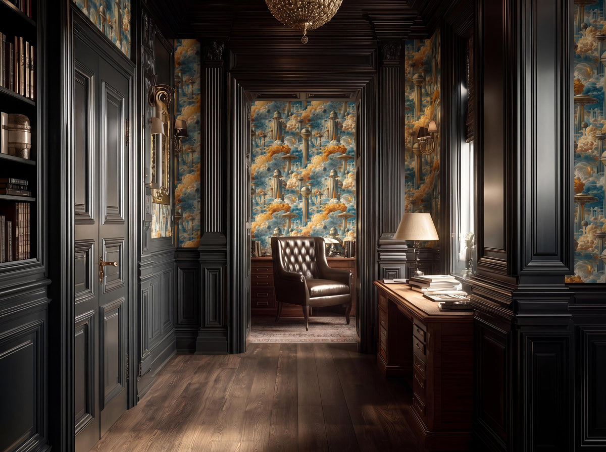 a luxurious and ornate hallway with dark wood paneling, a chandelier, and a large window. The hallway is lined with bookshelves and features a desk with a lamp and a chair. The overall atmosphere of the hallway is elegant and sophisticated.