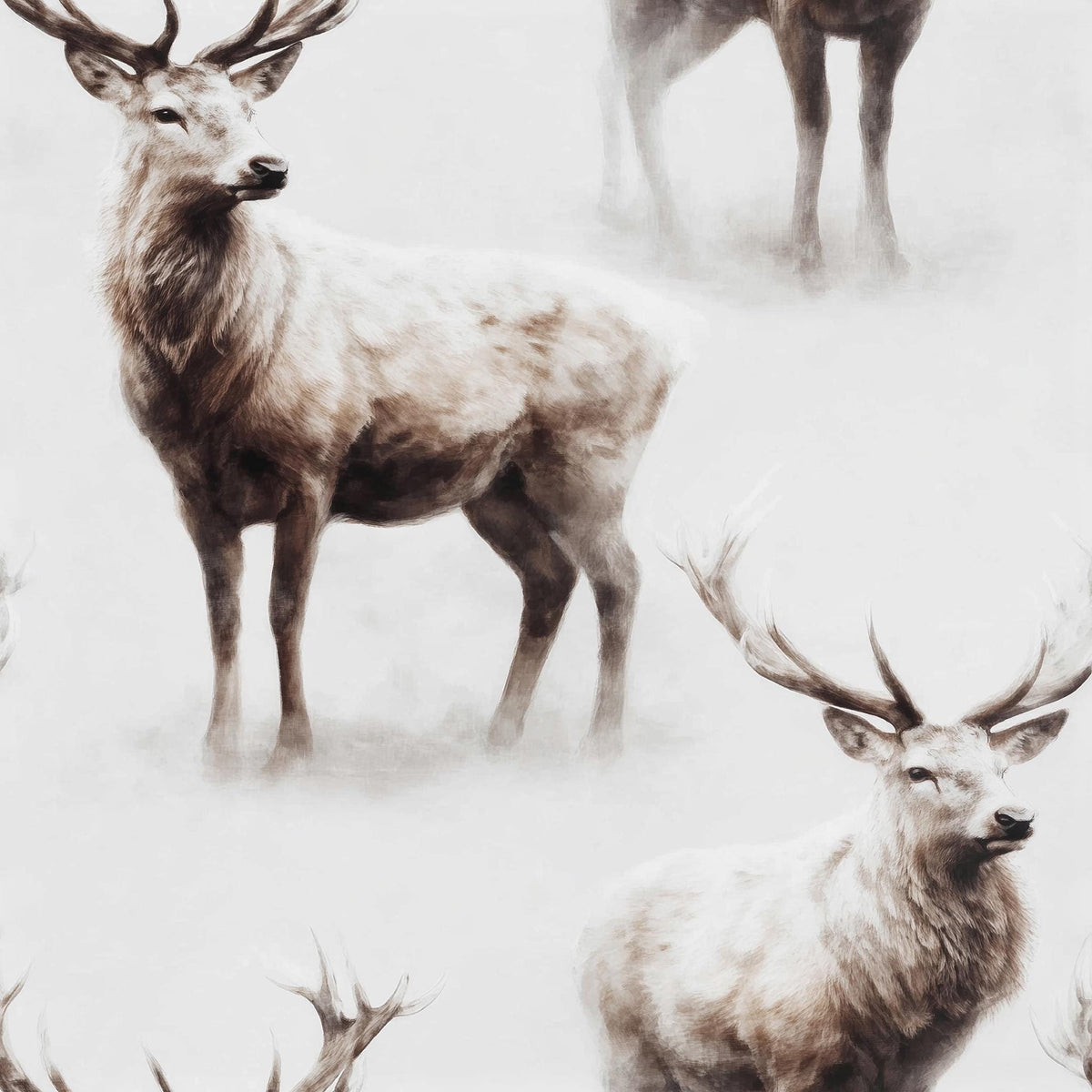 a group of deer standing in a misty, atmospheric setting.