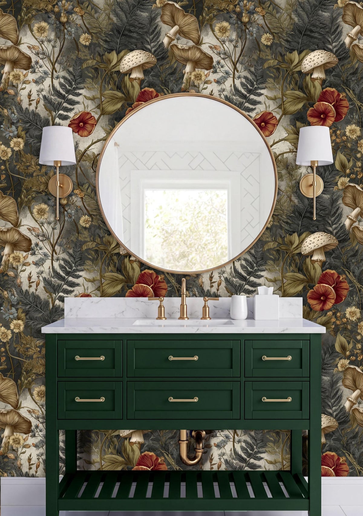 a bathroom vanity with a green cabinet and a white countertop. The vanity has a round mirror above it, and there are two wall sconces on either side of the mirror. The wall behind the vanity has a floral wallpaper pattern in shades of green, gold, and red.