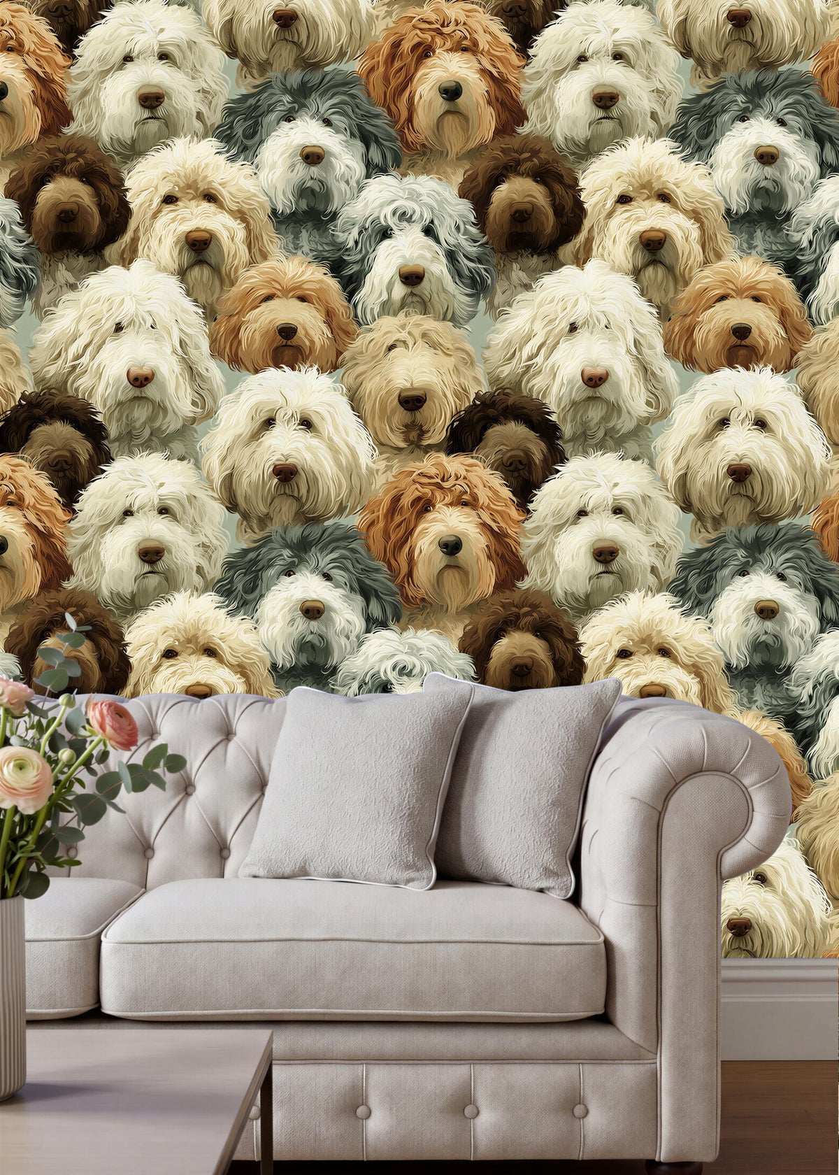 a wallpapered wall with a collage of various dog breeds, including poodles, golden retrievers, and other breeds, arranged in a visually appealing manner. In the foreground, there is a white sofa with a vase of flowers on it, creating a cozy and inviting atmosphere.