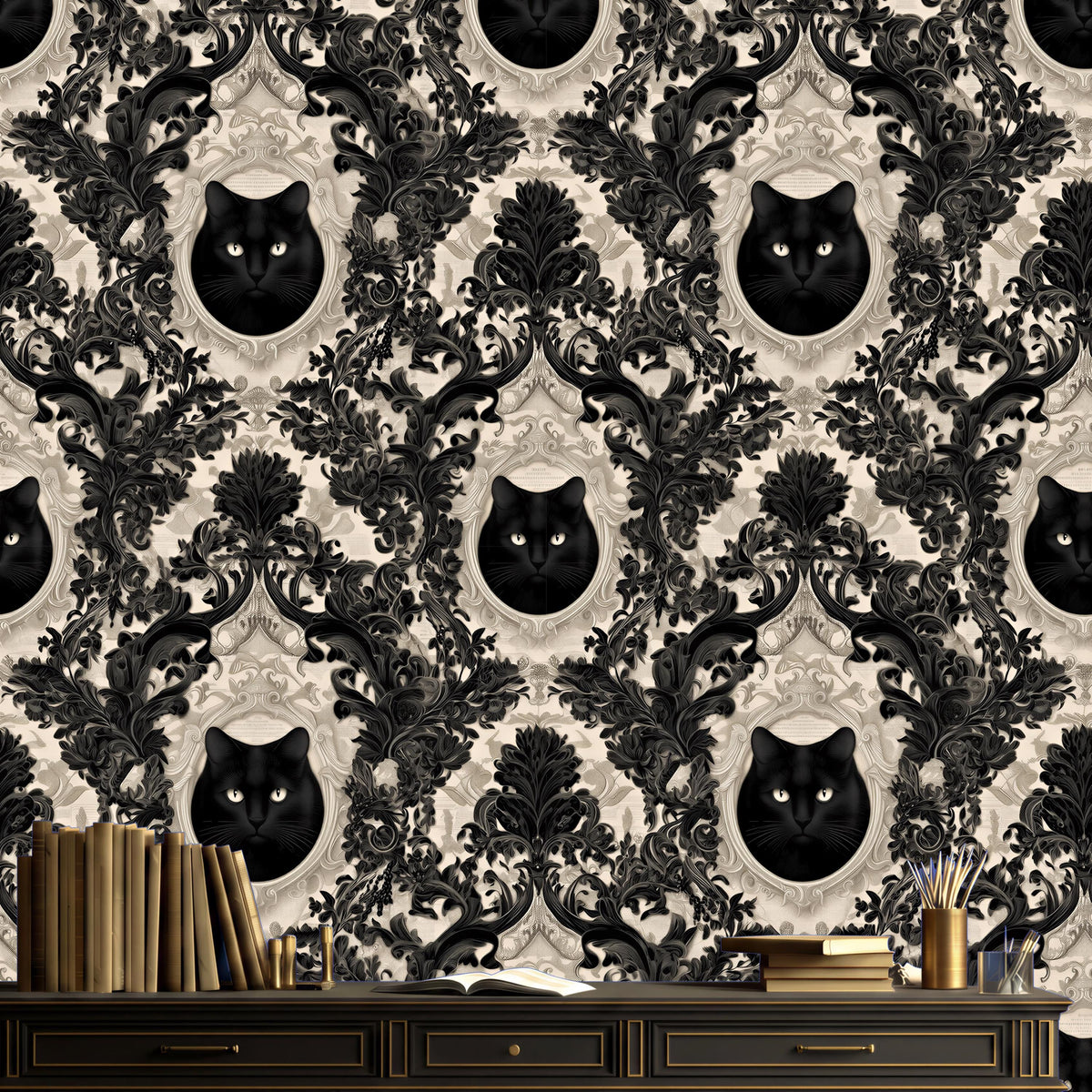 a black cat with a white face, surrounded by a black and white floral pattern. The cat is positioned in the center of the image, with a black frame around it. The background is a black and white floral pattern. In the foreground, there is a wooden desk with a stack of books and a vase of flowers.
