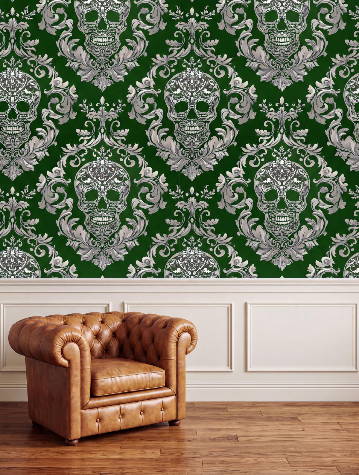 a brown leather armchair positioned in front of a wall with a repeating pattern of white skull designs on a dark green background.