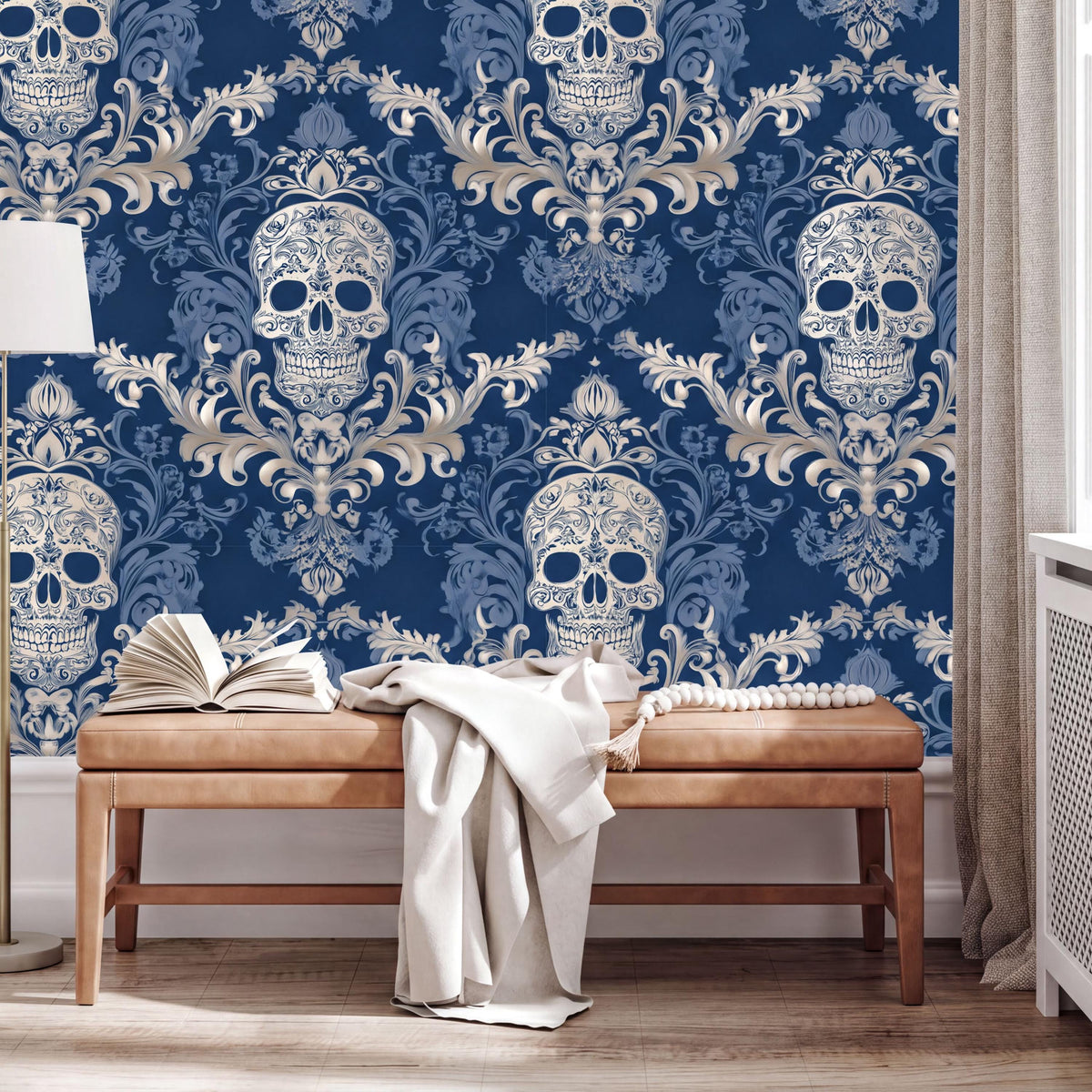 a blue wall with a repeating pattern of white skull designs, creating a striking and bold visual effect. In front of the wall, there is a wooden bench with an open book on it, suggesting a cozy and inviting atmosphere.