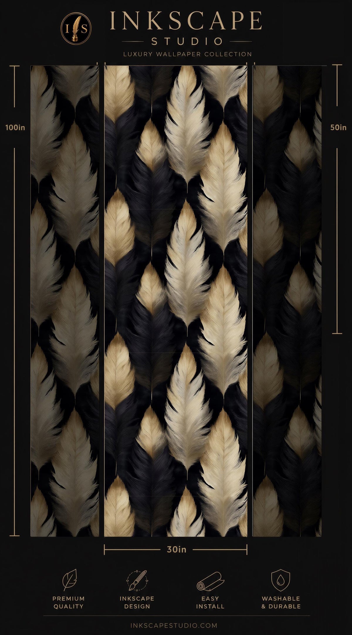 The image is a collage of three images featuring a repeating pattern of black and gold feathers on a dark background. The pattern consists of numerous feathers arranged in a repeating design, creating a visually striking and luxurious wallpaper design.