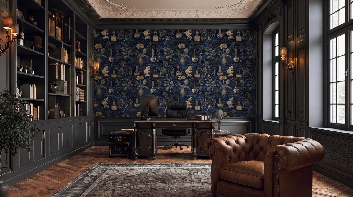 a luxurious and elegant home office with dark wood paneling, a large bookshelf, a tufted leather armchair, and a patterned wallpaper accent wall.