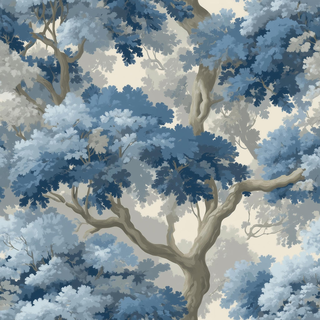 The image is a detailed illustration of a forest scene with a variety of trees and foliage in shades of blue and gray. The trees have intricate, textured leaves and branches, creating a sense of depth and complexity. The overall composition is visually striking and evokes a sense of tranquility and natural beauty.