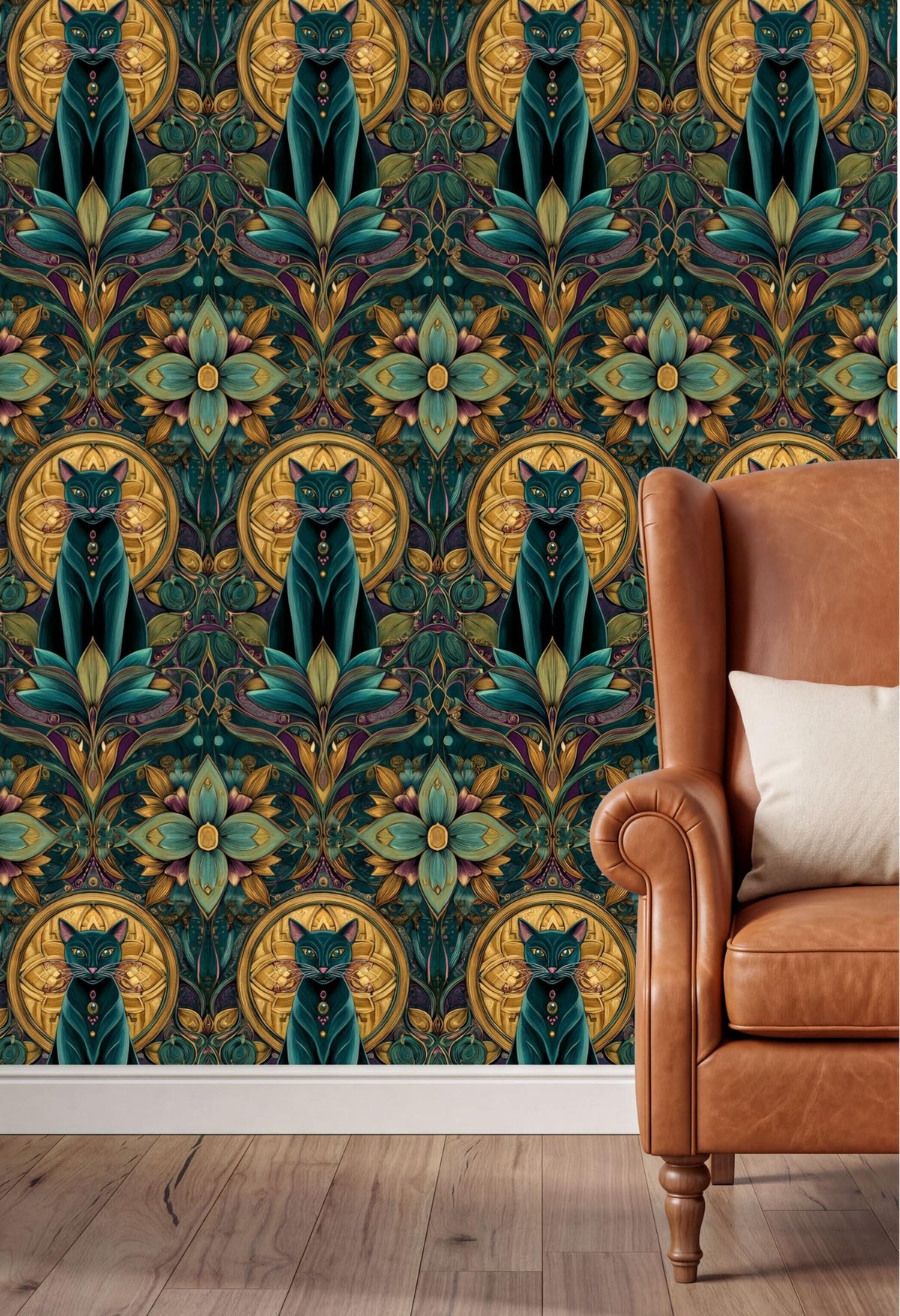 a wallpapered wall with a repeating pattern of green cats and flowers in shades of green, yellow, and purple. The wall is situated next to a brown leather armchair, creating a cozy and artistic atmosphere.