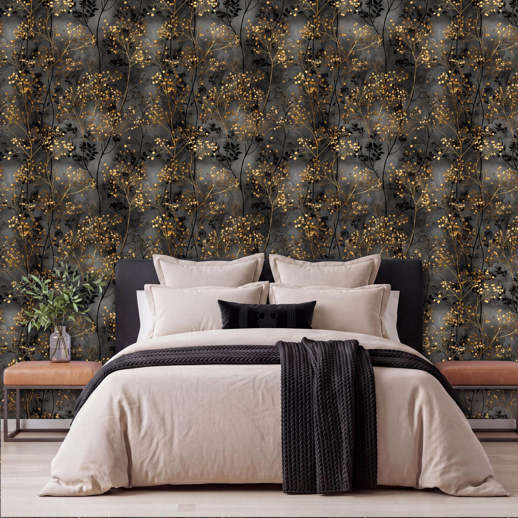 a modern bedroom with a large bed, dark gray wallpaper with a gold leaf pattern, and a wooden nightstand on each side of the bed.