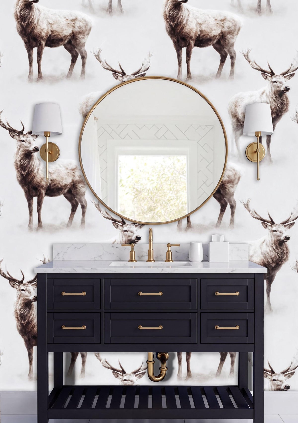 a bathroom vanity with a black cabinet and a round mirror above it. The wall behind the vanity has a repeating pattern of deer images, creating a cohesive design.