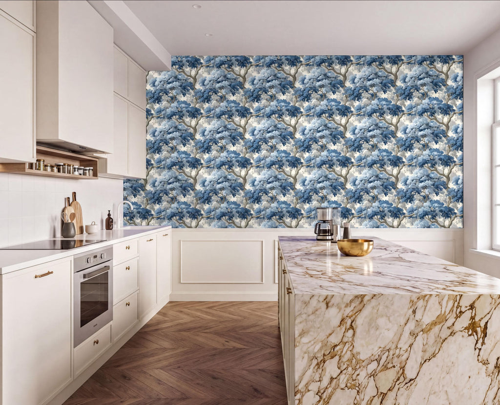 a modern kitchen with a marble countertop and a large blue and white wallpaper pattern on the wall behind it.