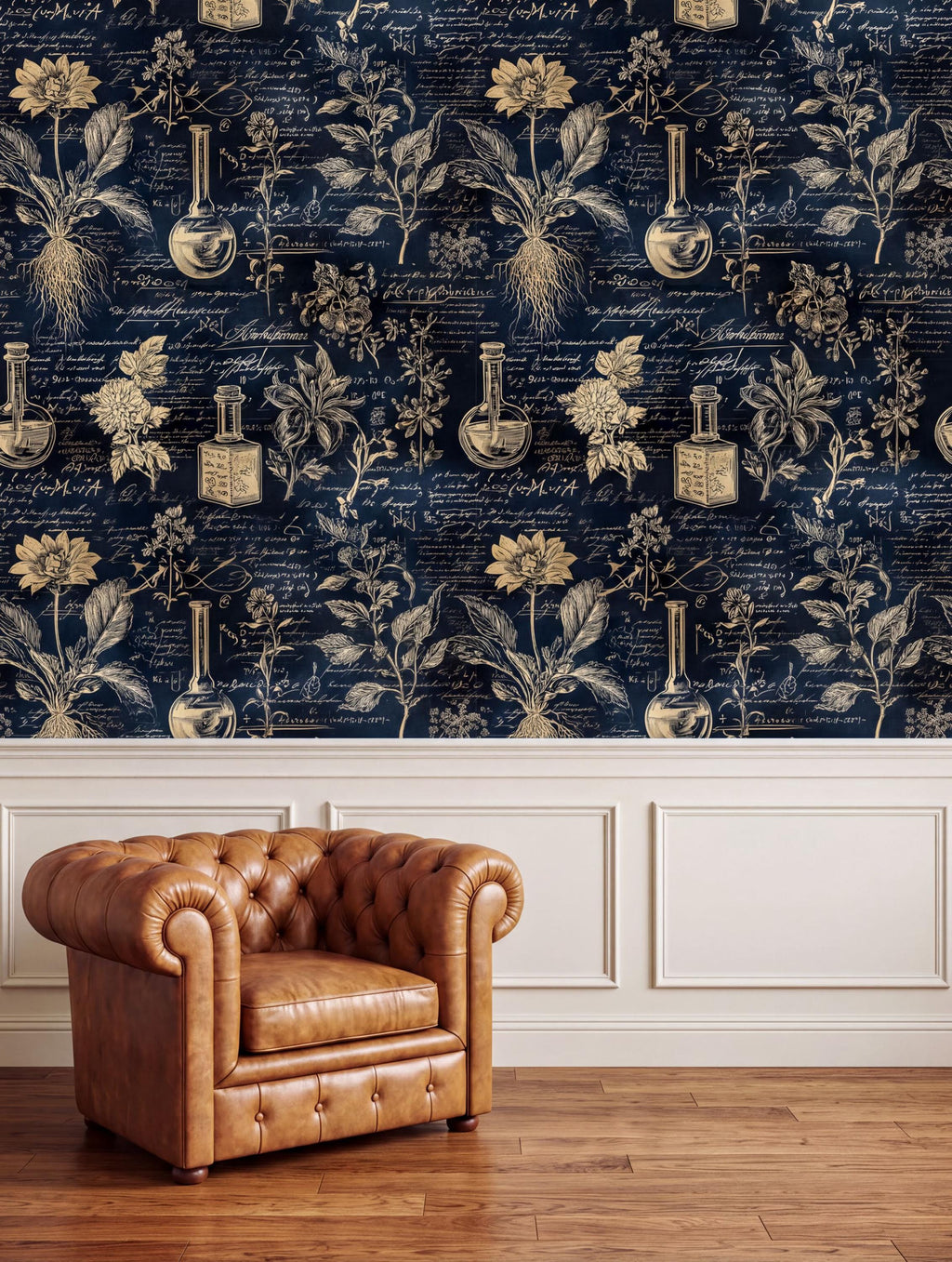 a dark blue wallpaper with intricate botanical illustrations and scientific equipment, such as vials and beakers, creating a vintage or laboratory-inspired atmosphere. In the foreground, there is a brown leather armchair, and the background includes a white wall panel.
