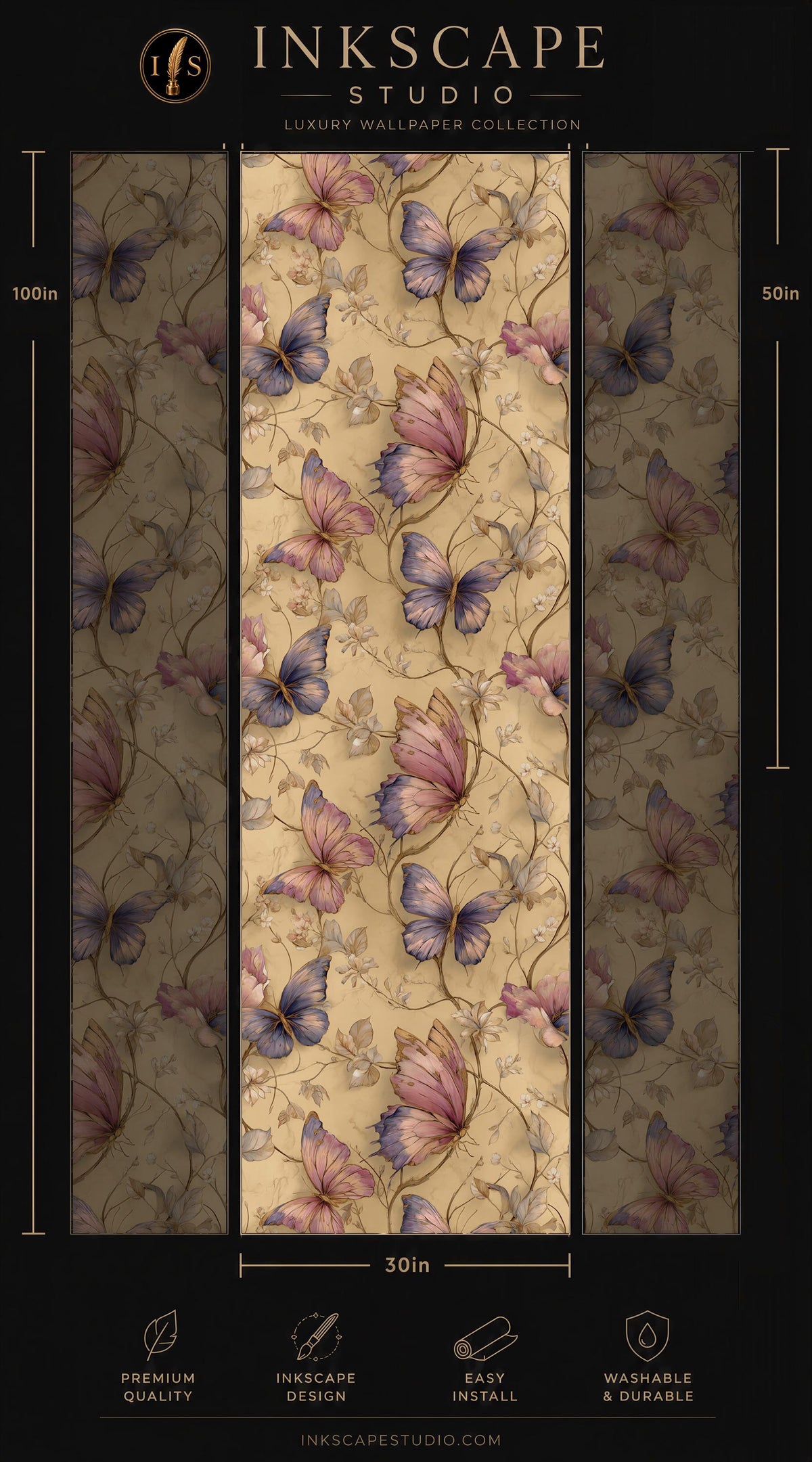 The image is a collage of three images featuring a repeating pattern of butterflies on a floral background. The butterflies are in shades of pink and purple, and the background is a light beige color. The collage is titled "INKSCAPE STUDIO" and includes a "Premium Wallpaper Collection" and dimensions of 50 inches.