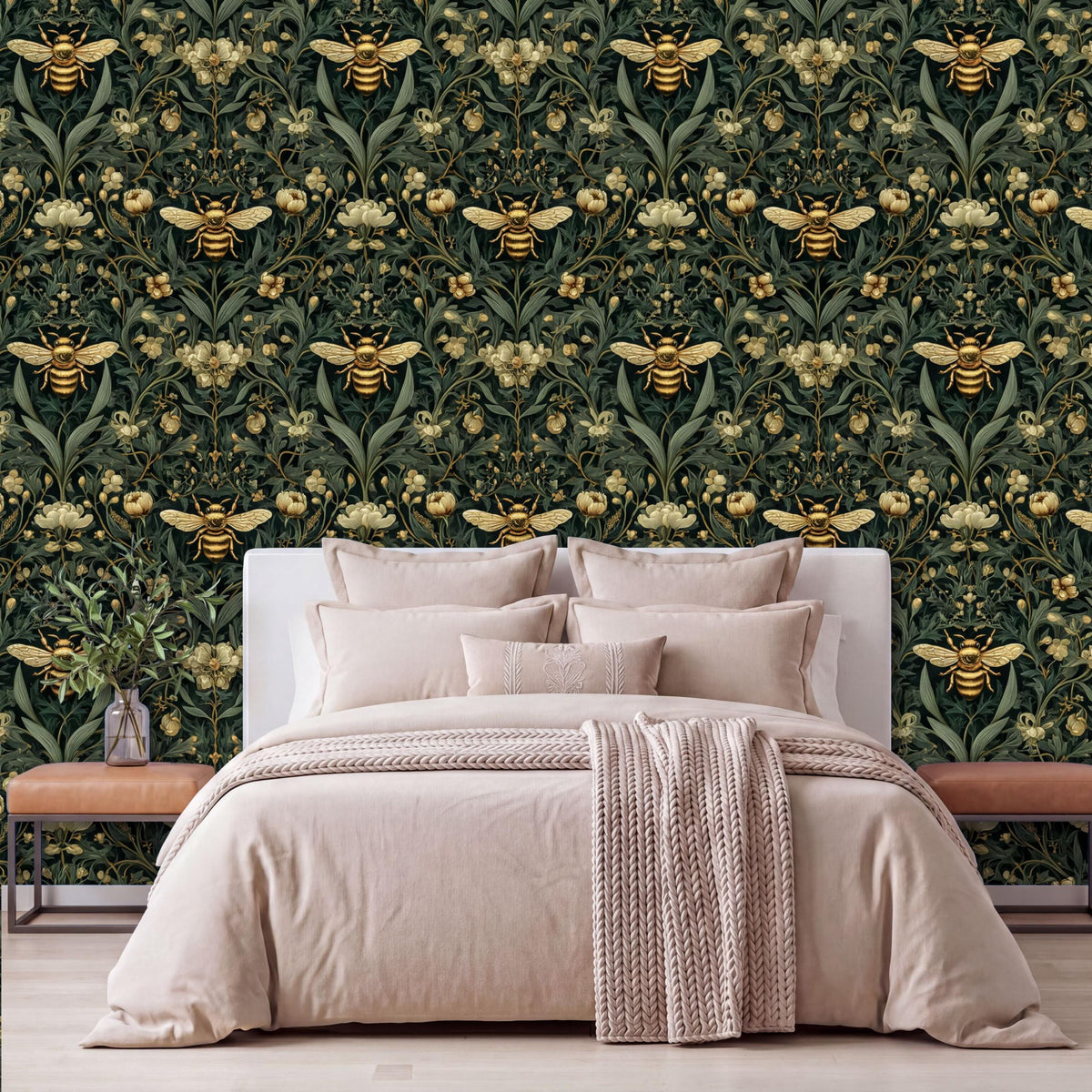 a bedroom with a large bed, a white headboard, and a green wall with a repeating pattern of gold bees and flowers.