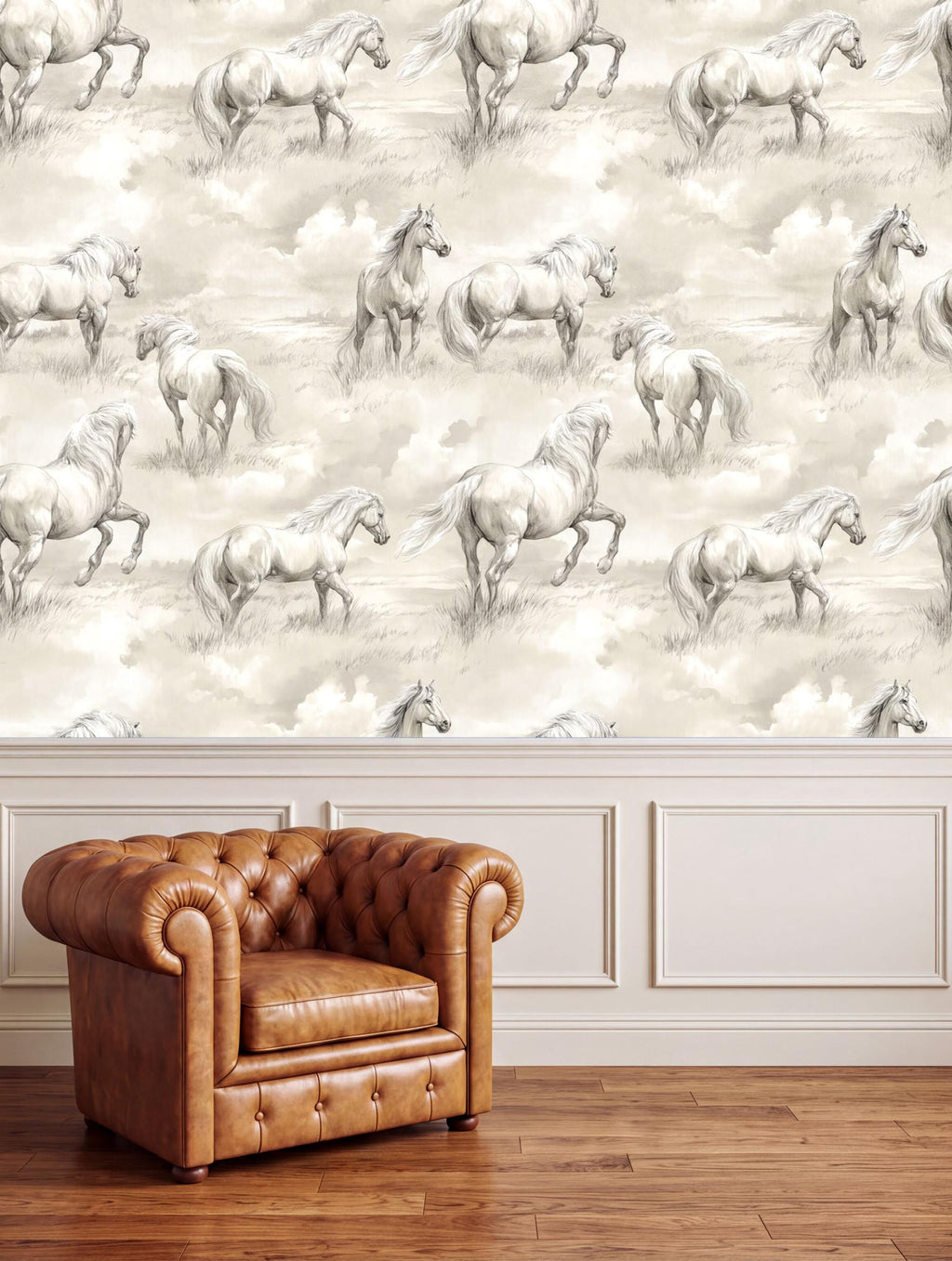 a wallpaper with a repeating pattern of horses in a field, and a brown leather armchair is positioned in front of the wallpaper.
