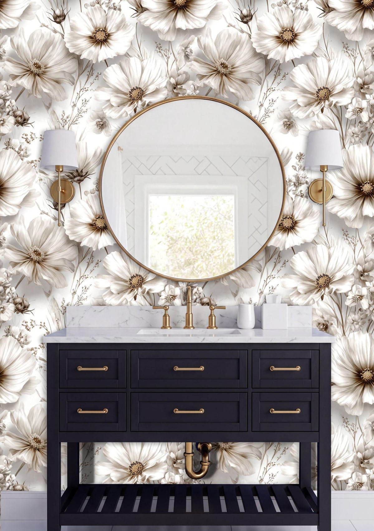 a bathroom vanity with a black cabinet and a round mirror above it. The vanity has gold handles and is set against a wall with a floral wallpaper. There are two white lamps on either side of the mirror, and the overall color scheme is predominantly white and gold.