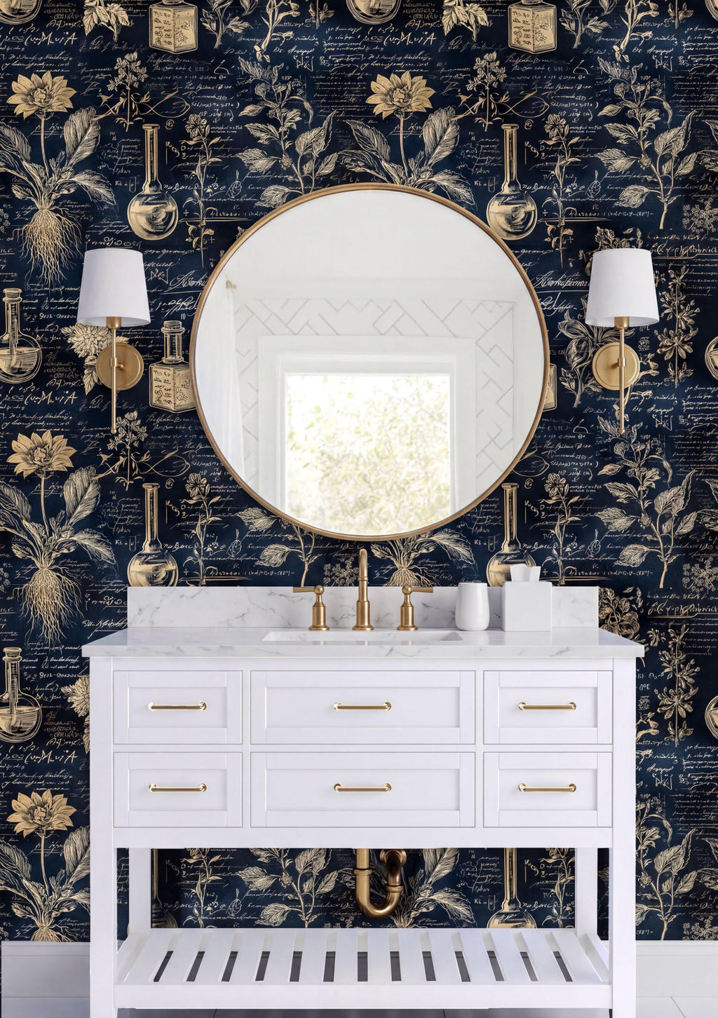 a bathroom vanity with a white countertop, a round mirror, and two white lamps on either side of the vanity. The wall behind the vanity has a dark blue and gold floral wallpaper.