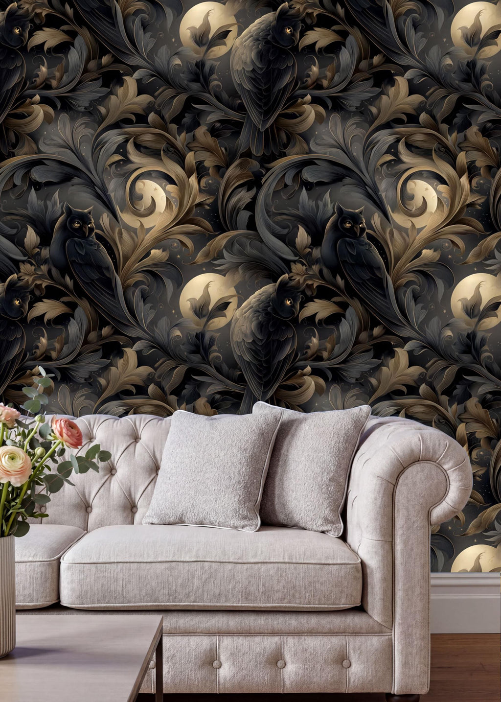 a luxurious living room with a white tufted sofa and a coffee table. The sofa is positioned against a wall with a dark, ornate wallpaper that includes a repeating pattern of black owls and gold leaves. The coffee table is placed in front of the sofa, and a vase of flowers is visible on the table.