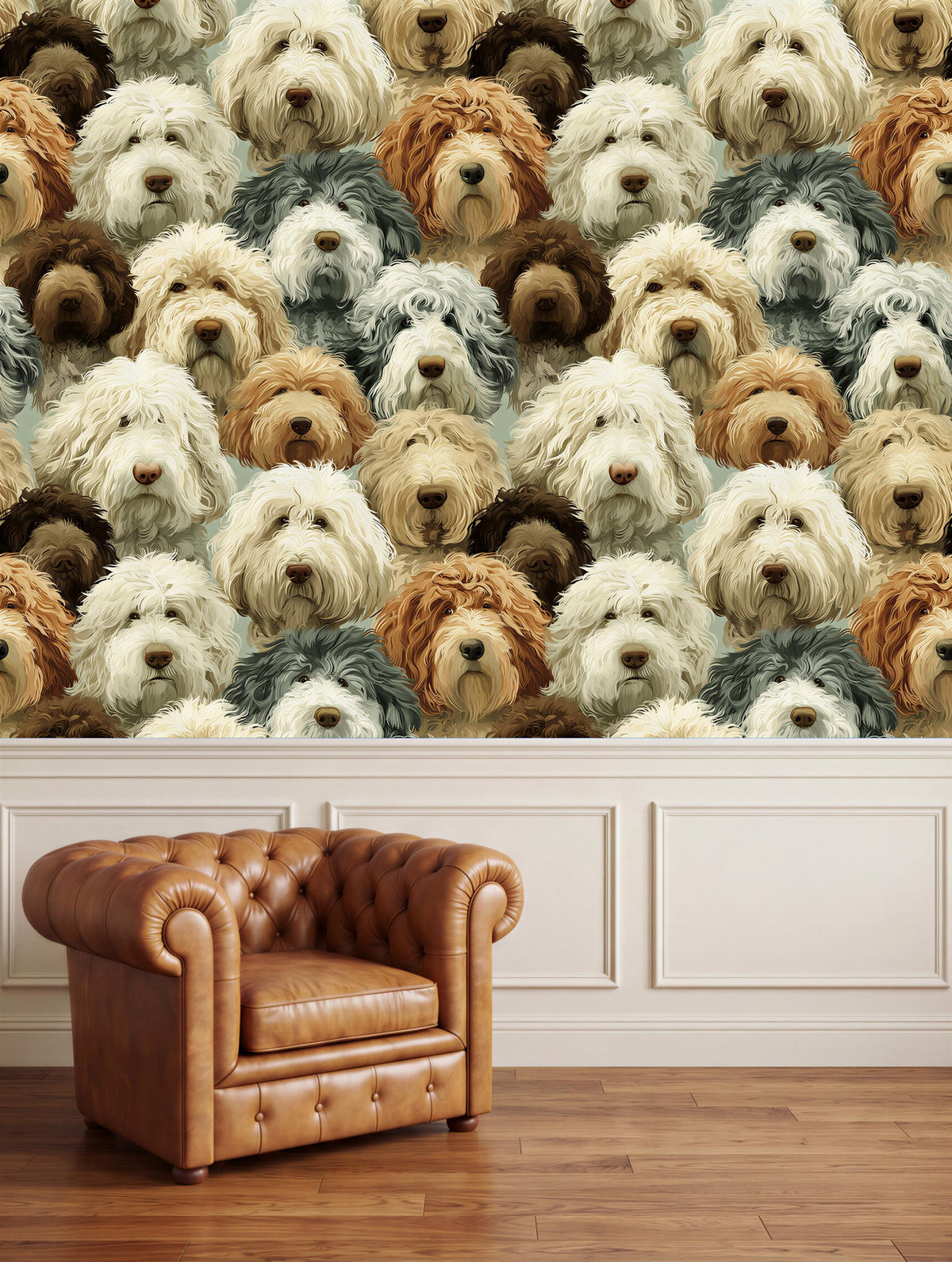 a wallpapered wall with a collage of various dog breeds, including poodles, collies, and other breeds, arranged in a repeating pattern. In the foreground, there is a brown leather armchair, and the wallpapered wall is located above the armchair.