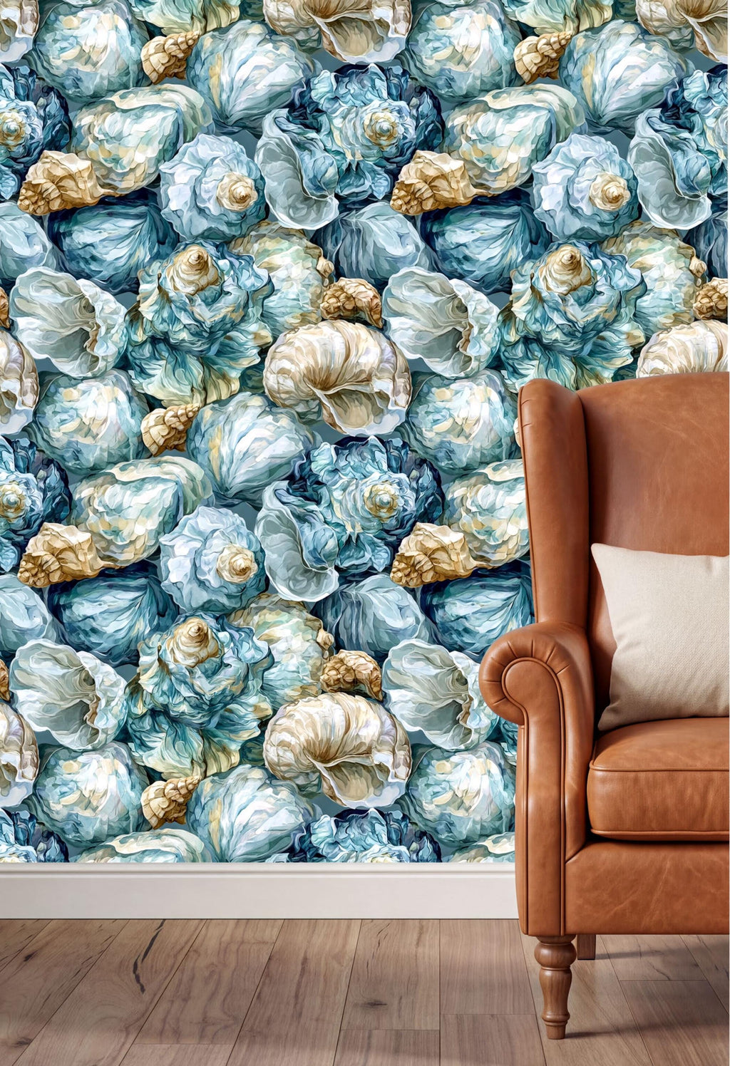 a wallpapered wall with a pattern of blue and white seashells, creating a nautical and coastal theme. In the foreground, there is a brown leather armchair with a white pillow, providing a contrast to the vibrant wallpapered wall.
