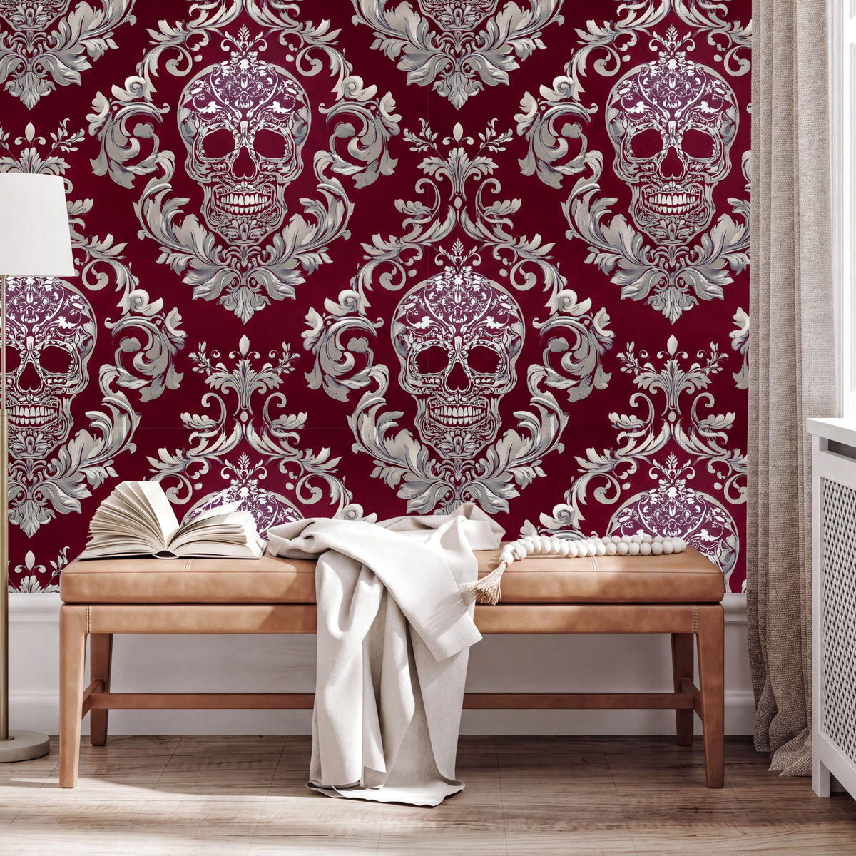 a wooden bench with an open book on it, set against a vibrant red and white wall with a repeating pattern of skull designs.
