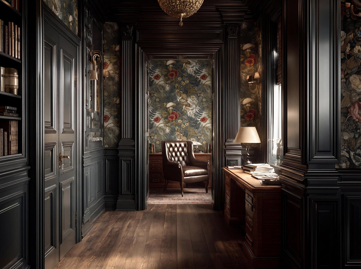 a luxurious and ornate hallway with dark wood paneling, floral wallpaper, and a chandelier hanging from the ceiling. A leather armchair is positioned in the center of the hallway, and a desk with a lamp and bookshelf can be seen on the right side.