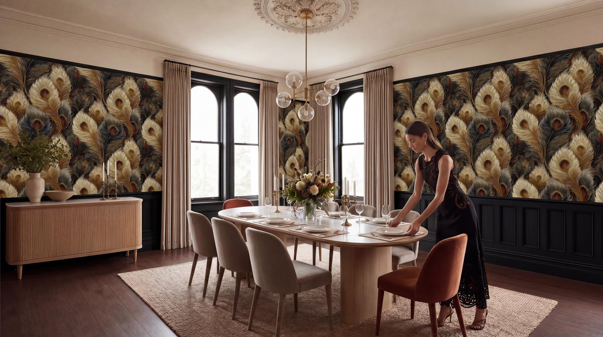 A woman in a black dress is setting the table in a dining room with a large, ornate chandelier overhead. The room features a large window, a patterned wallpaper, and a wooden dining table with several chairs.