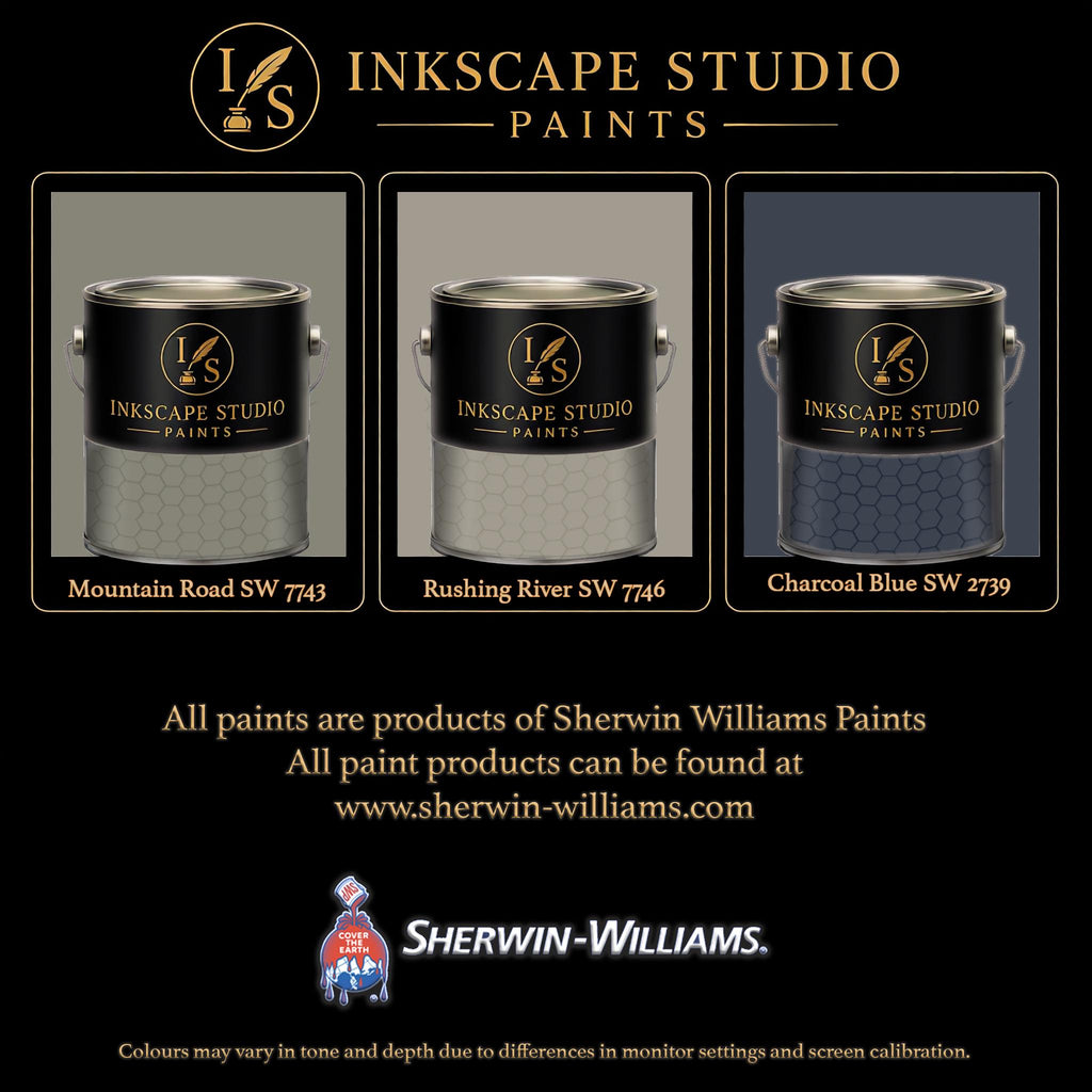 The image is an advertisement for Sherwin Williams paints, featuring three different paint colors from the Inkscape Studio: Mountain Road SW 743, rushing River SW 746, and charcoal Blue SW 2939. The advertisement highlights that all paints are products of Sherwin Williams Paints and provides a website address for further information.