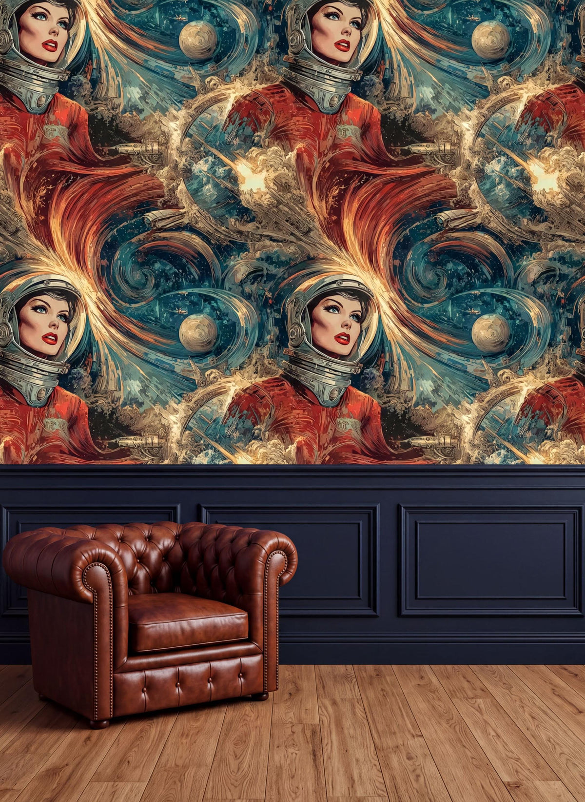 a wallpaper with a repeating pattern of a woman in a red and blue outfit, along with a space theme, and a brown leather armchair in the foreground.
