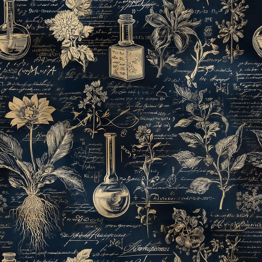 The image is a collage of various botanical illustrations and scientific notations, including flowers, plants, and laboratory equipment, all set against a dark background with handwritten text.