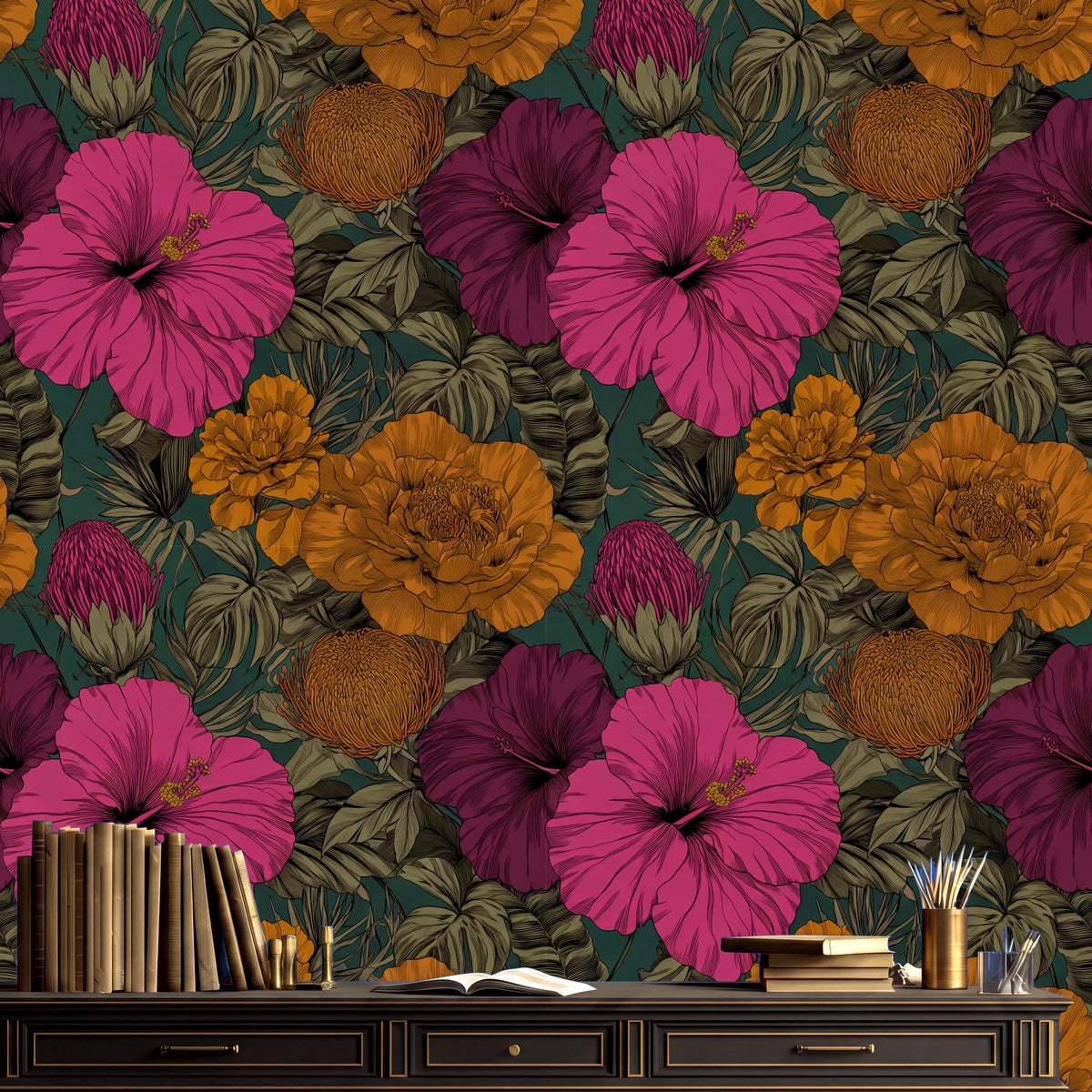 a vibrant and colorful floral wallpaper with a variety of hues, including pink, orange, and purple flowers, set against a dark green background. In the foreground, there is a wooden desk with a bookshelf and a vase of flowers, creating a cozy and inviting atmosphere.