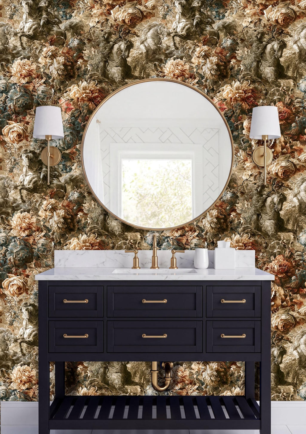 a bathroom vanity with a black countertop and drawers, set against a wall with a floral wallpaper. Above the vanity is a round mirror with two white sconces on either side.