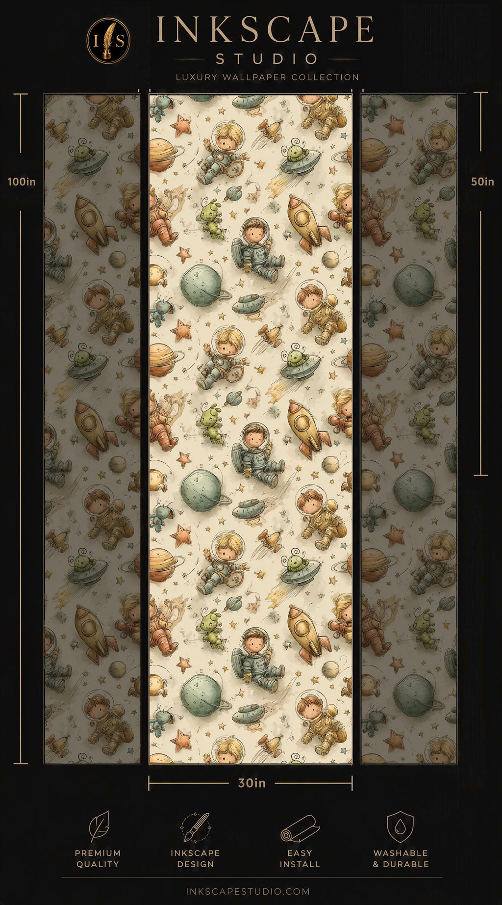 The image is a collage of three panels, each featuring a different space-themed wallpaper design. The central panel has a repeating pattern of various space-related objects, including planets, stars, and spaceships. The other two panels also display similar space-themed designs, but with different color schemes and patterns. The image is a collage of multiple images, and the text provided is a description of the images, rather than a detailed analysis of each individual image.