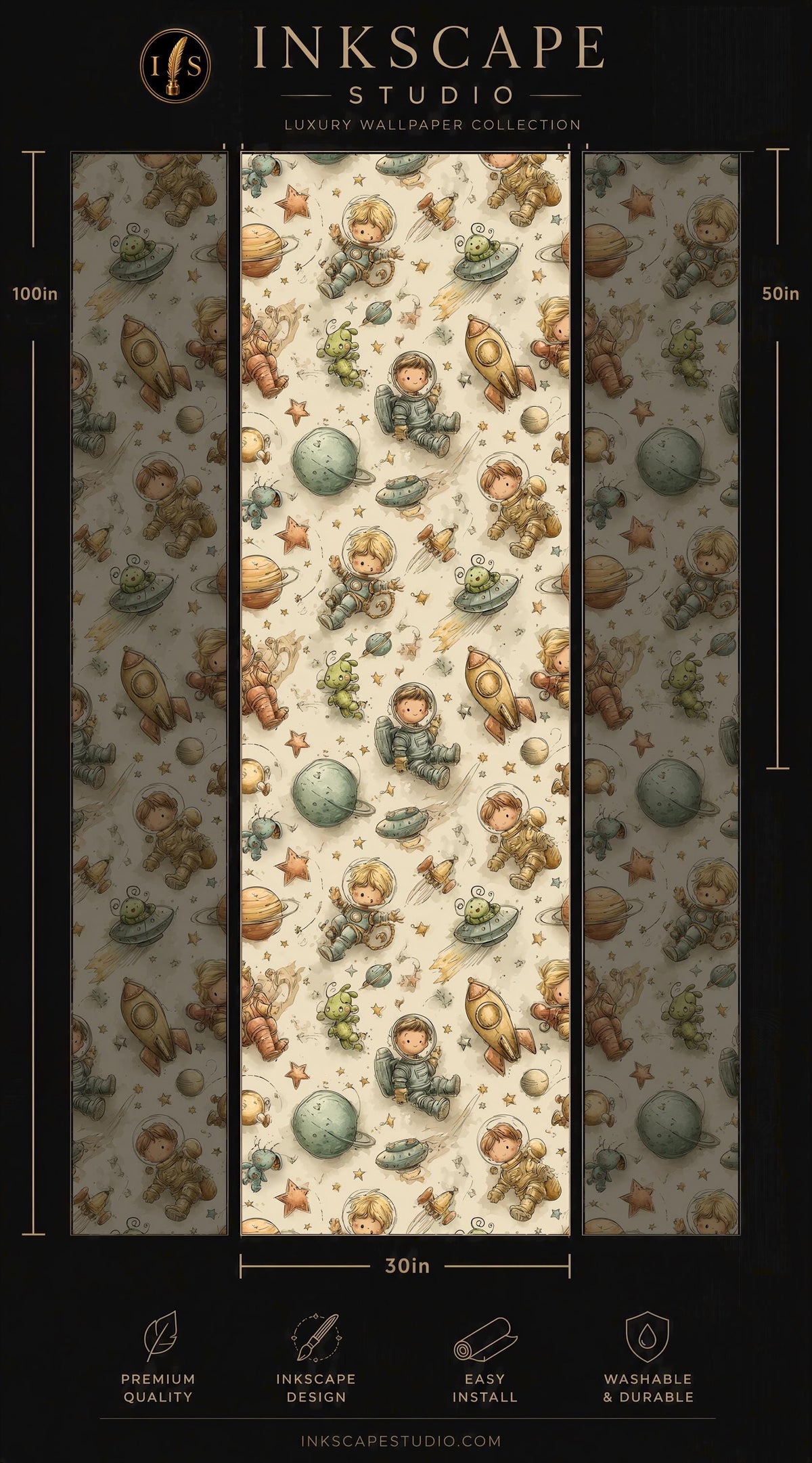 The image is a collage of three panels, each featuring a different space-themed wallpaper design. The central panel has a repeating pattern of various space-related objects, including planets, stars, and spaceships. The other two panels also display similar space-themed designs, but with different color schemes and patterns. The image is a collage of multiple images, and the text provided is a description of the images, rather than a detailed analysis of each individual image.
