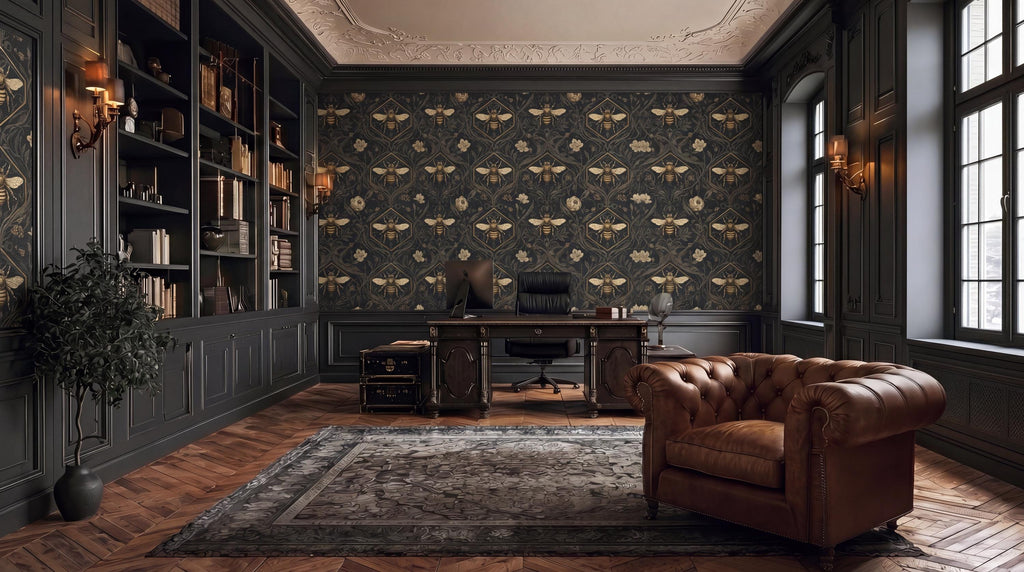 a luxurious and elegant home office with dark wood paneling, a large bookshelf, a tufted leather armchair, and a patterned rug on the floor.